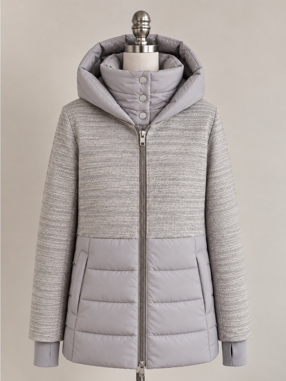 Soia & Kyo Light Gray Mixed-Media Quilted Hooded Jacket